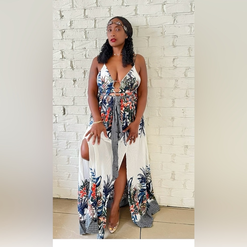 Tropical Floral Maxi Dress with Front Slit - White Navy Coral
